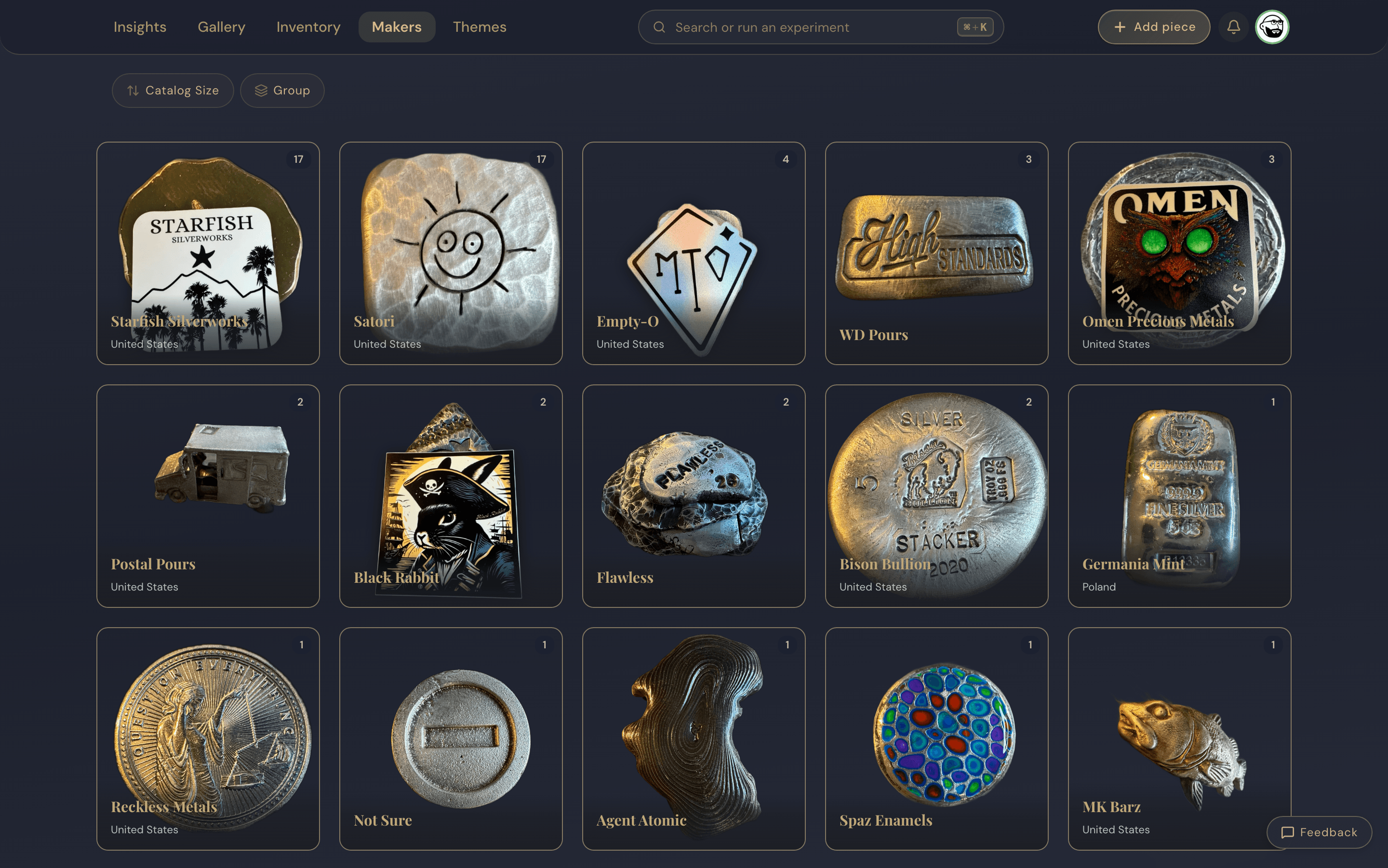 Maker pages and themed groupings let you organize the way you collect