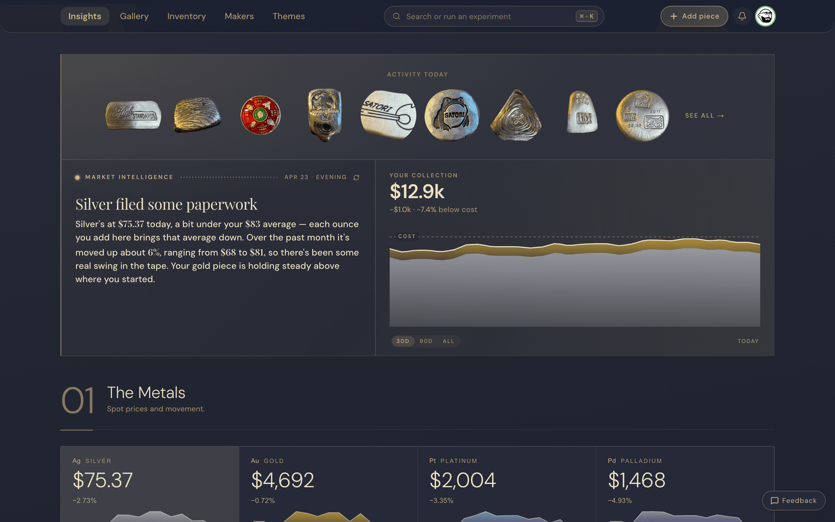 Insights view with live spot prices, value history, and the eBay marketplace card